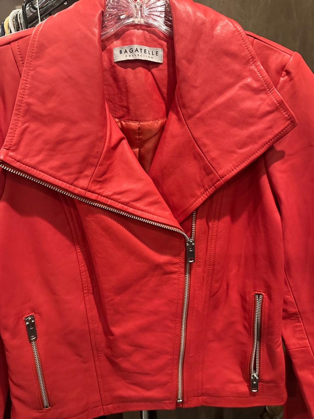 Bagatelle Genuine Red Leather Collared Moto Jacket
